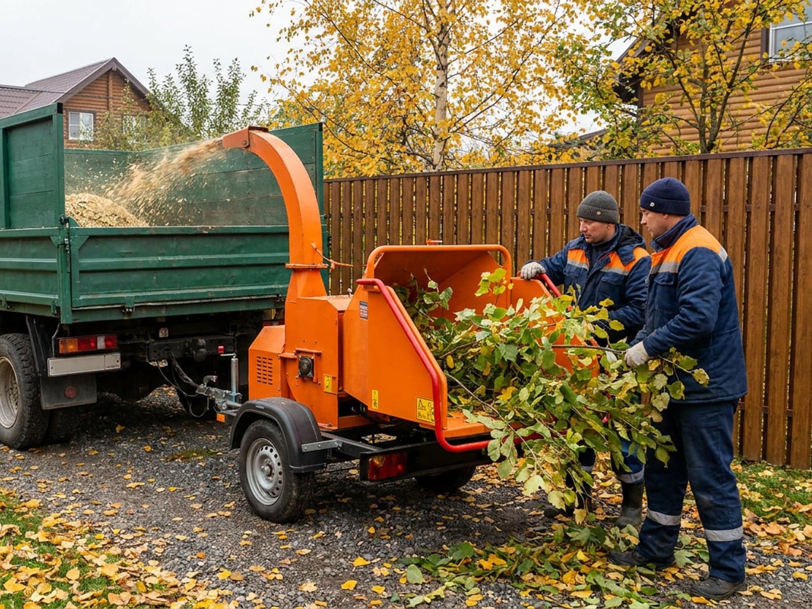 Рабочие загружают ветки в измельчитель, щепа летит в кузов самосвала